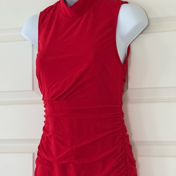 Chic Red Ruched Midi Dress - Picture 2 of 4